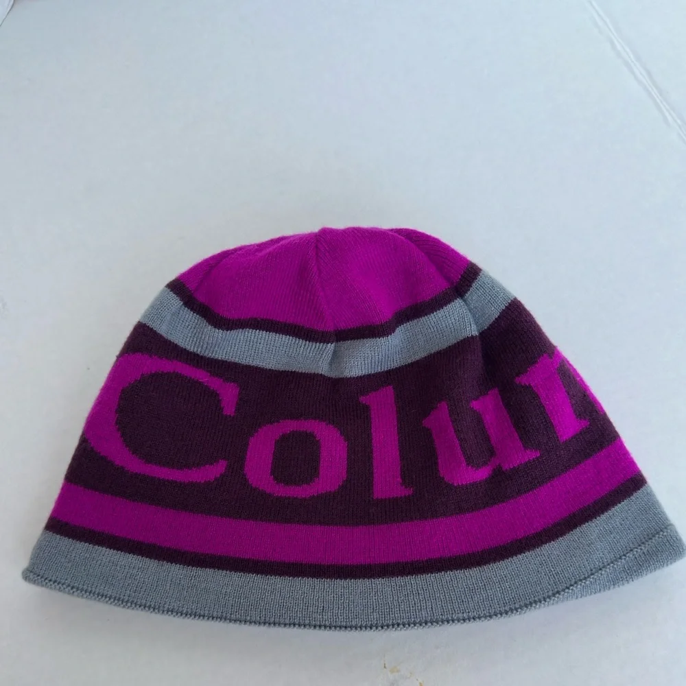 Columbia Omni Heat Lined Beanie Hat Purple Gray Stripe Winter Ski Hiking Cap